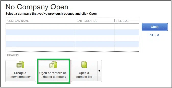 open or restore an existing company file
