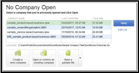 sample company file-no company open
