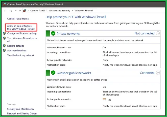 confirms firewall settings
