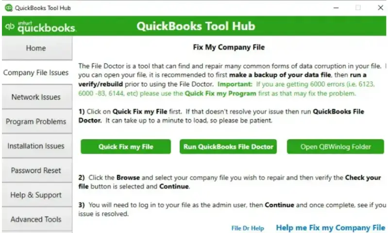 intuit quickbooks tool hub company file issue