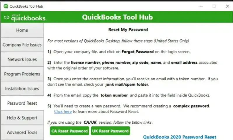 Intuit QuickBooks tool hub Password Reset