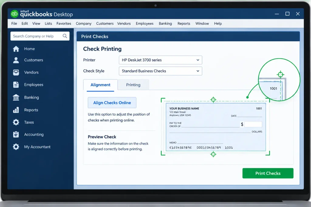 QuickBooks checks online printing alignment
