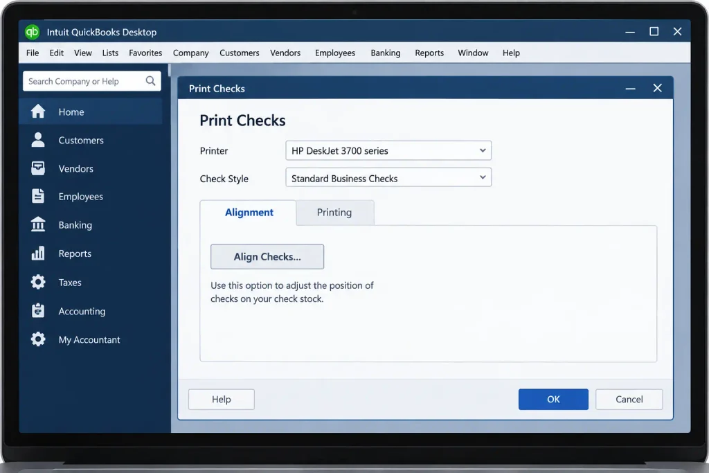 align checks in QuickBooks Desktop