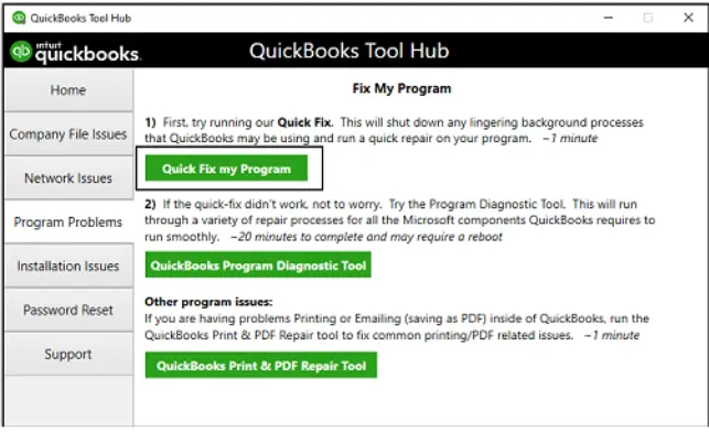 quicbooks tool hub select quick fix my program
